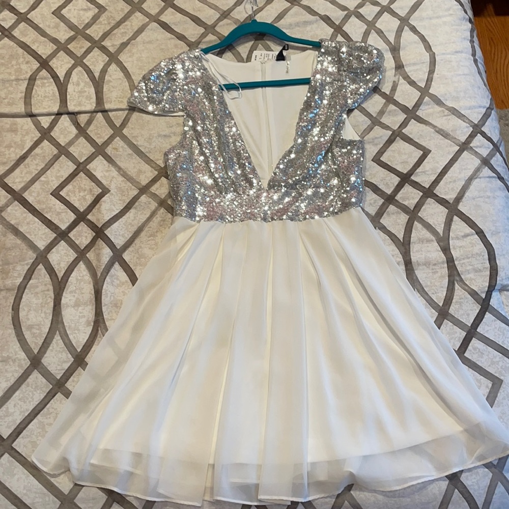 Windsor Silver Sequin NYE Dress with white sheer skirt and white underskirt